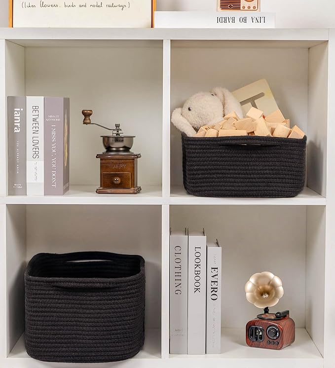 CubesLand Cute and Durable Small Cotton Rope Basket for Organizing, Woven Closet Storage Bin,Shelves Closet Storage Basket, Bathroom Storage Organizer Bin, Nursery Toy Basket Bin, Black Basket
