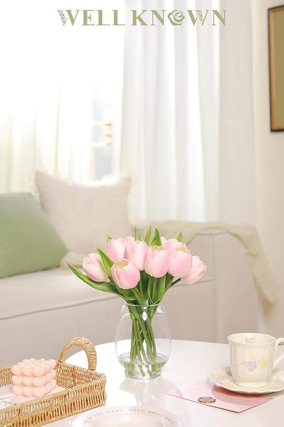 WELL KNOWN 12 Pcs Tulips Artificial Flowers in Vase, Real Touch Tulips with Vase with Upgrate Acrylic Water Flower Arrangements Centerpiece for Dining Room Table Decoration（Pink）