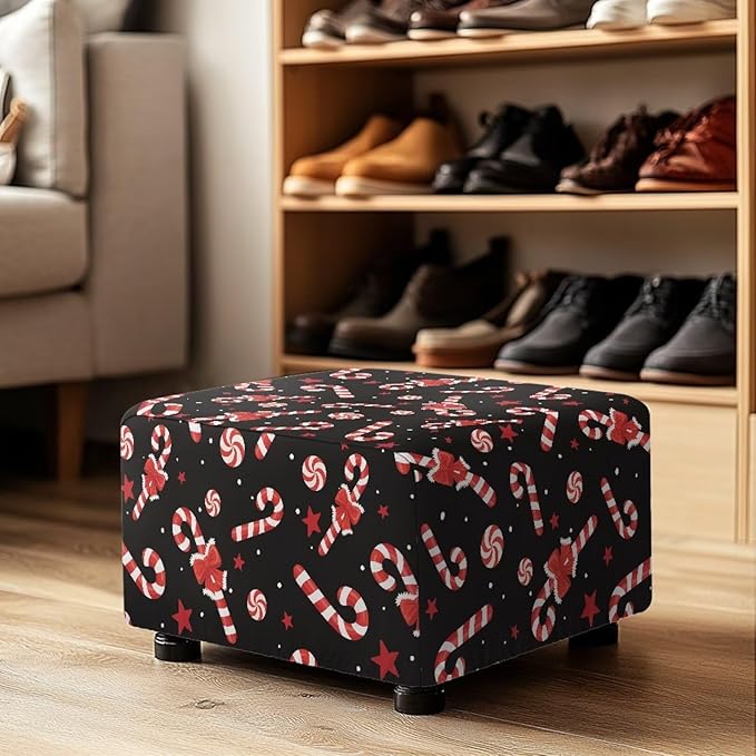 Christmas Candy Cane Rectangle Footstool Cover 30x24x15 Inch Stretch Ottoman Slipcover with Nonslip Elastic Bottom Small Storage Footrest Stool Cover for Ottoman Decor
