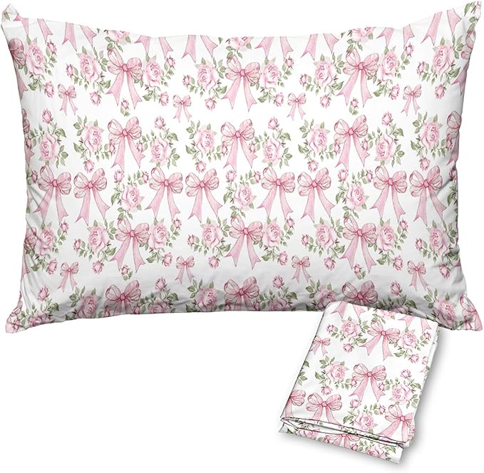 Pink Floral Pillow Protectors with Zipper Standard Size Coquette Bow Print Pillow Covers Set of 2 Vintage Preppy Pillowcases Protector for Girl Woman Pink and White Bed Pillow Covers 30"X20"