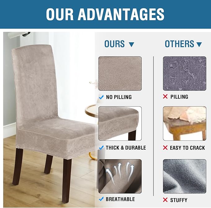 H.VERSAILTEX Velvet Dining Chair Covers Stretch Chair Covers for Dining Room Set of 2 Parson Chair Slipcovers Chair Protectors Covers Dining, Soft Thick Solid Velvet Fabric Washable, Oatmeal