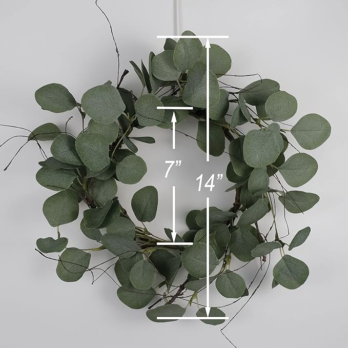 idyllic Eucalyptus Leaves Wreath Metal Polyester Fabric Paper Round Green Wreath 14 Inches for The Front Door Décor, 2 Packs