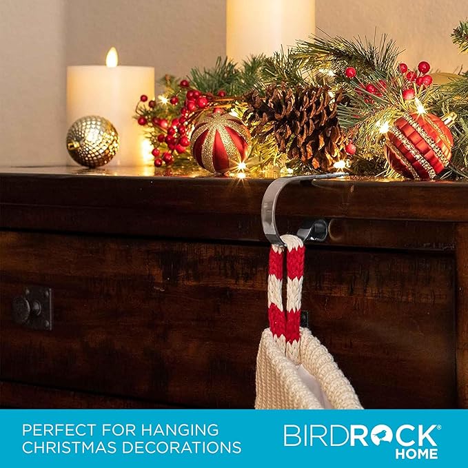 BIRDROCK HOME Christmas Stocking Mantel Hooks - Metal Fireplace Hanger with Non-Slip Pads - Holds Up to 10 lbs - Ideal for Hanging Stockings & Holiday Decor - 4 Pack, Mantel Hooks (Royal Silver)