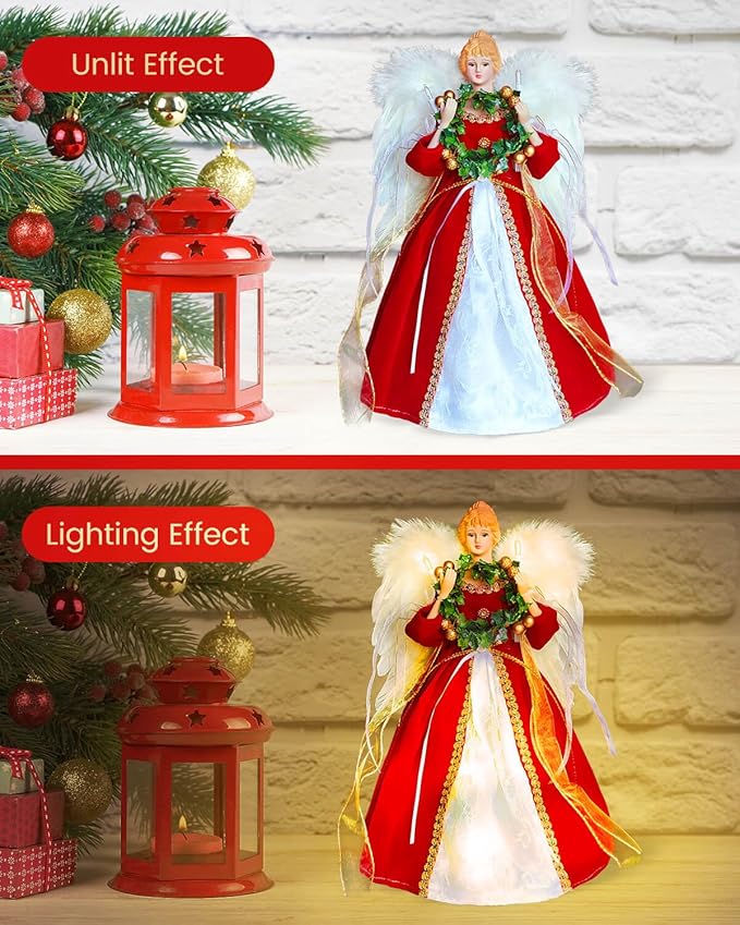 Angel Tree Topper with Lights | 12 Inch Christmas Angel Tree Topper with Feather Wings | Battery Powered Christmas Tree Toppers Lighted for Vintage Decor | Xmas Tree Topper Ornament, Red