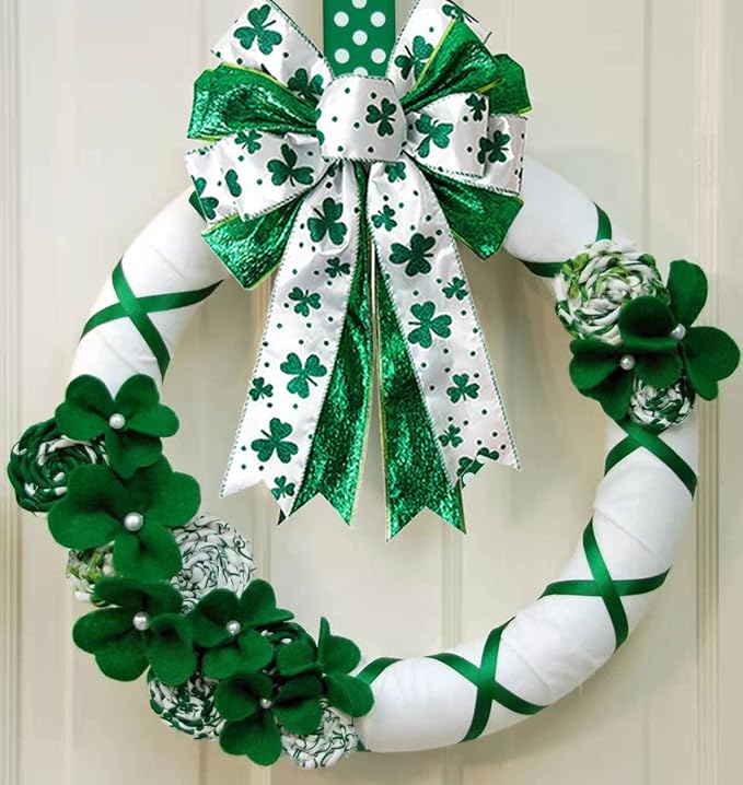 St Patricks Day Bow for Wreath Decorations,11.4 * 19.6in Large White Green Glitter Shamrock Bowknot Irish Holiday Crafts Bows for Tree Topper Front Door Outdoor Outside