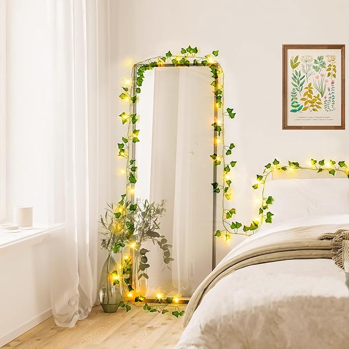 JMEXSUSS 100 LED Vines with Lights Plug in, Ivy Vines with Fairy Lights with Remote, 33 FT Leaf String Lights Waterproof for Room Bedroom Wall Fireplace Christmas Decoration（Warm White）