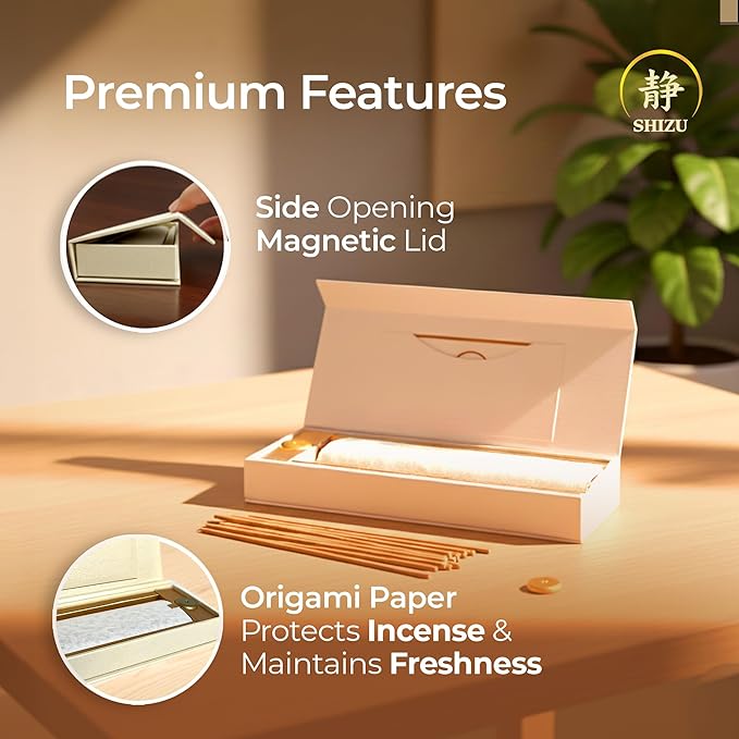 Shizu Sandalwood Incense Sticks – Temple Grade Japanese Incense with Brass Holder – Calming Scent for Relaxation, Meditation & Home Spa, Elegant Gift Set (60 Sticks)