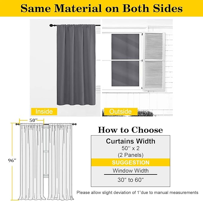 Grey Blackout Curtains for Bedroom Living Room 96 Inches Long 2 Panels, Soft Solid Room Darkening Thermal Insulated Window Treatments, Rod Pocket Curtain, 50" Wx96 L