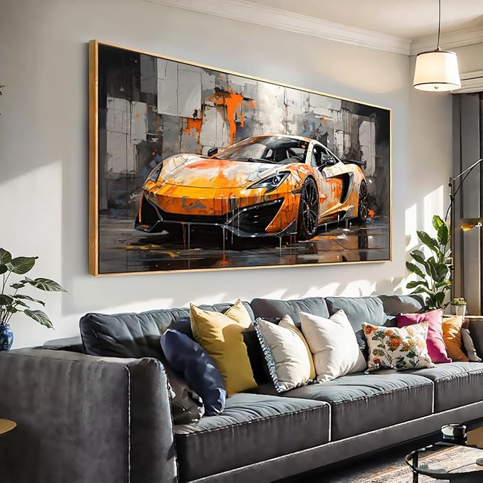 Wall Art Modern Artwork Orange Graffiti Car Wall Decor Canvas Painting for Living Room Bedroom Dining Room Home Office Decor 30"x60" with Framed