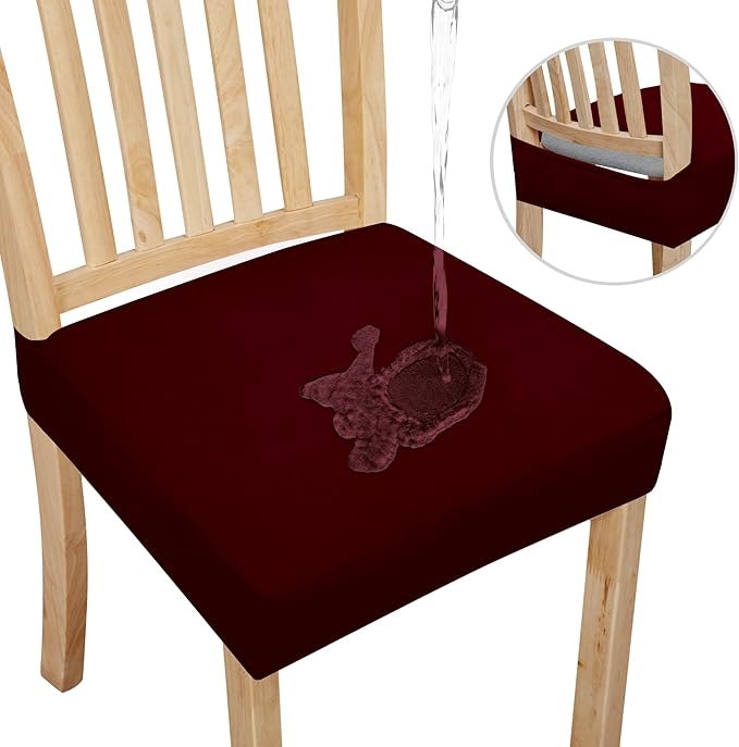 Easy-Going 100% Waterproof Seat Covers for Dining Room Chairs Set of 2, Stretch Chair Seat Slipcovers Protector Removable and Washable Kitchen Dining Chair Covers, Wine