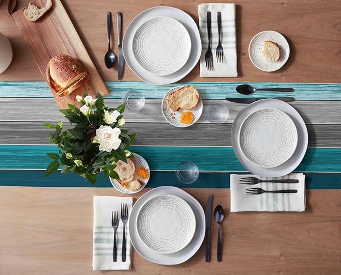Vandarllin Table Runners 13X70 Inches Long, Ombre Peacock Blue Gray,Cotton Linen Farmhouse Retro Rustic Barn Wood Texture Tablecloths Non-Slip Party Table Decorations for Kitchen,Home,Dining,Outdoor,
