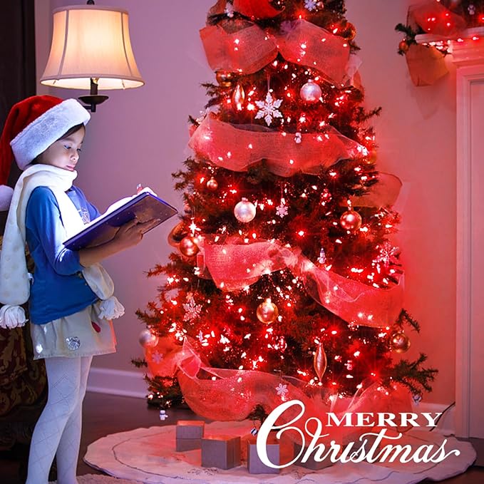 JMEXSUSS 500 LED Red Christmas Lights Indoor Outdoor, 163 FT Clear Wire Red Lights Plug in, 8 Modes Christmas Tree Lights Outdoor Waterproof for Xmas Tree Bedroom Room Halloween