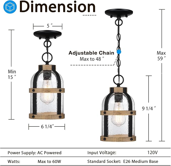 Outdoor Pendant Light for Porch,Waterproof Modern Exterior Hanging Lantern with Adjustable Chain, in Black and Wood Grain Finish with Air Bubble Glass for Front Door,Entryway,Farmhouse