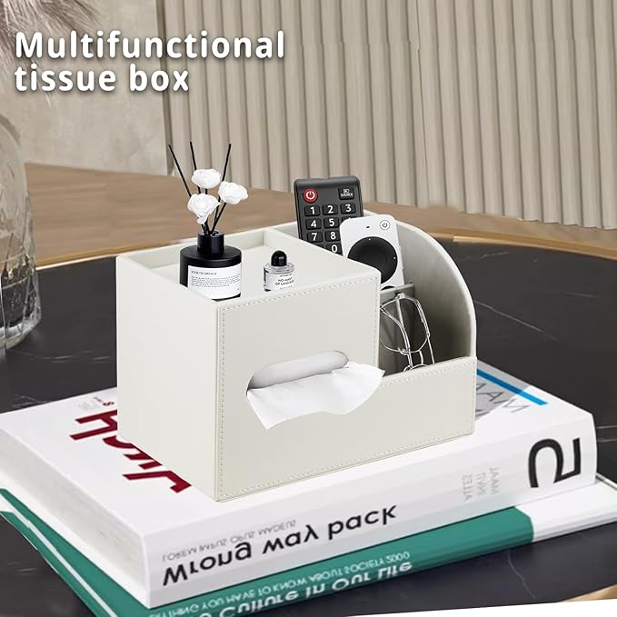 PU Leather Tissue Box Cover Square,Tissue Box Holder Organizer with Storage Tray and Remote Control Holder for Bathroom Countertop Night Stands Bedroom Office Desk,Napkin Caddy Decorative White