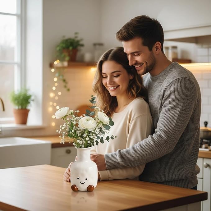 Cute Smile Face Vase – White Ceramic Cute Flower Vase for Home Decor, Modern Decor Vase for Living Room Bedroom, for Women Friends Family