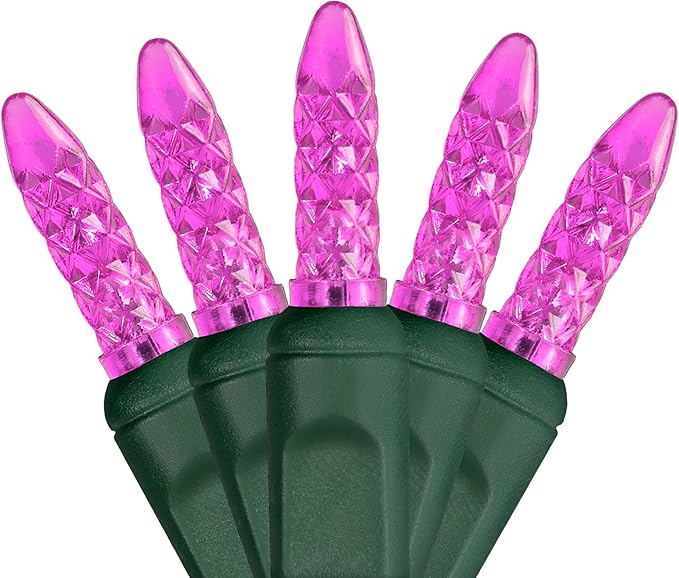 M5 LED Mini Ice Pink Prelamped Light Set, Green Wire - 70 M5 Pink LED Christmas Lights, 4" Spacing