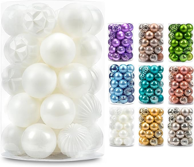 AMS 34ct Christmas Ball Mini Ornaments Party Decorations Shatterproof Festival Pendant Hangings for Xmas Tree Decor(1.57''/40mm, White)
