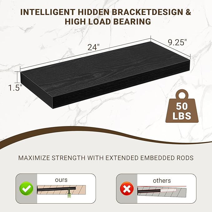 24 Inch Floating Shelves, 24"x9.25"x1.5" Inch Deep Floating Shelves for Wall, Wooden Shelves for Bathroom, Bedroom, Living Room, Black, 2 Pieces