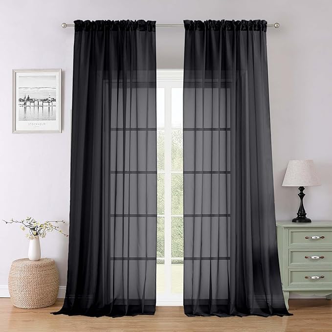 Lecloud Black Sheer Curtains 96 Inches Long 2 Panels, Solid Airy Voile Dual Rod Pocket Sheer Curtains, Light Filtering Privacy Window Curtain Drapes for Living Room Bedroom Balcony, 59" W x 96" L