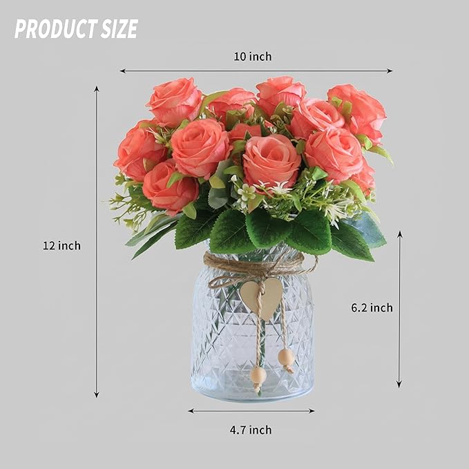 Faux Flowers in Vase,Fake Flowers in Vase 18 Pcs Faux Rose Flowers,Artificial Flowers for Home Decor, Indoor Centerpiece for Living Room & Dining Table (Pink)