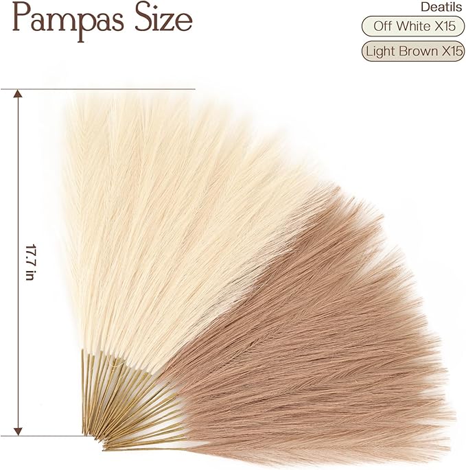 Faux Pampas Grass Decor 17.7 Inch 30pcs, Artificial Pampas Grass Fluffy Home Decor, Short Vase Room Decor pompous Grass Flower Arrangement for Boho Home Wedding Decoration (Light Brown,Beige)