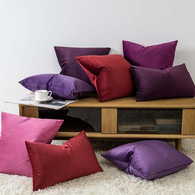 JUSPURBET Couch Pillow Covers Set of 2 Decorative Velvet Throw Pillow Covers Cases for Living Room Bedroom Home Decor Soft Cushion Covers Cases with Hidden Zipper for Sofa Bed 16x16 inch,Burgundy