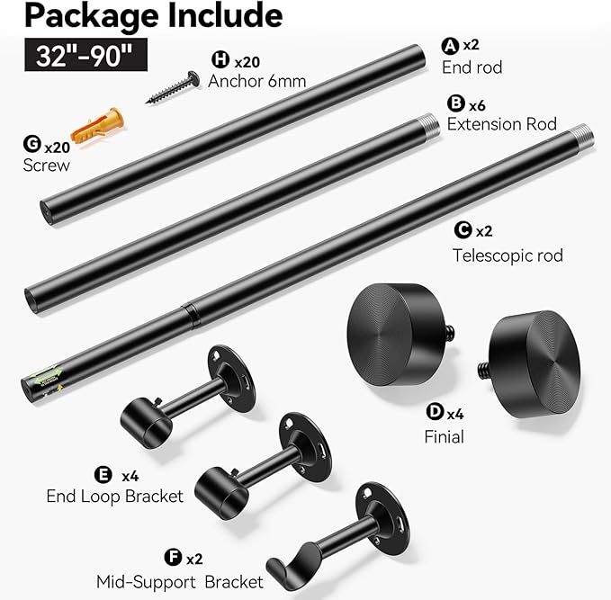 YaFex 2 Pack Heavy Duty Curtain Rods 32-90 Inch, 1 Inch Adjustable Black Curtain Rod for Windows, Long Window Treatment Rods Set with Aluminium Finials, Modern Design