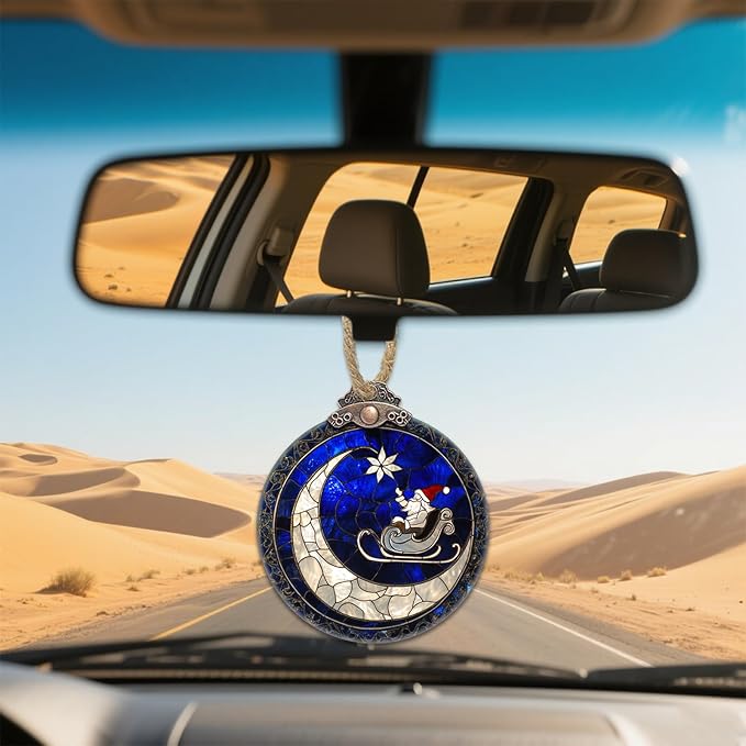 Stained Glass Christmas Decorations, Blue Starry Sky Moon Suncatcher for Window Christmas Tree Hanging Ornaments Santa Claus Sun Catcher Xmas Decor Gifts for Women Men Mom Nana Friend