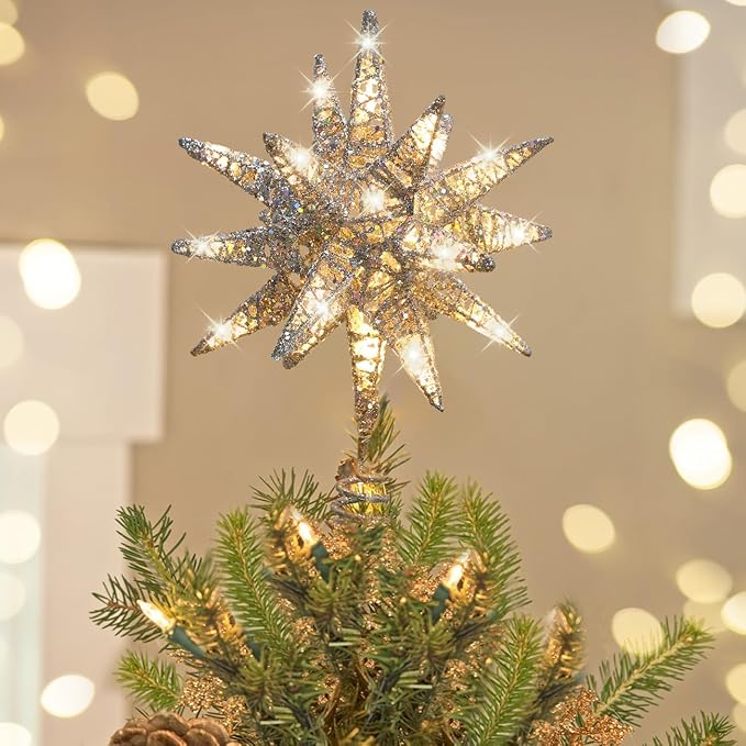 Luxspire Christmas Tree Topper, 3D Starburst Lighted Tree Topper, Plug in Christmas Star with Timer, Light Up Xmas Vintage/Modern Decorations for Holiday, Silver
