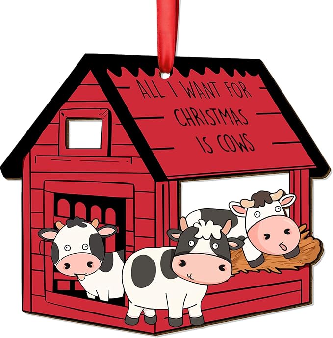 34HD Cow Barn Christmas Ornament 2025 – Wooden 2-Layered Hanging Xmas Tree Ornament Decoration, Funny Farm House Decor and Christmas Keepsake Gifts for Cow Lovers and Women