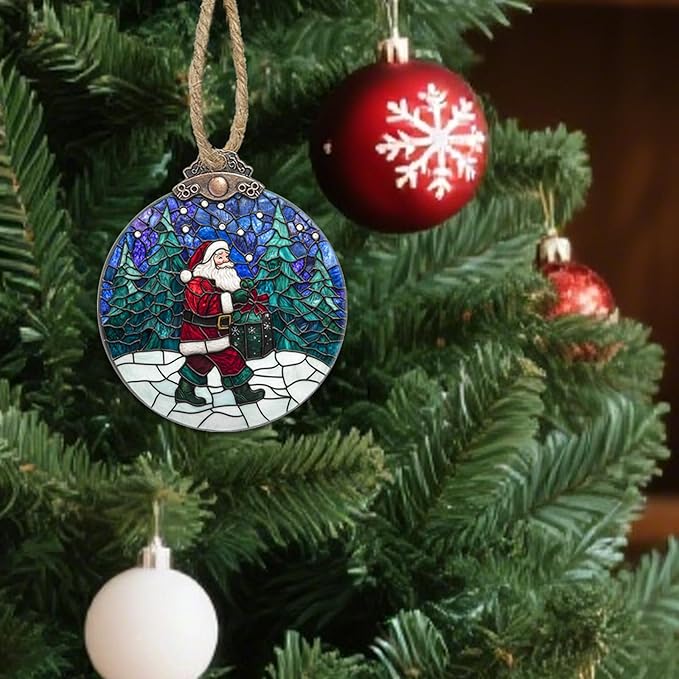 Stained Glass Christmas Decorations, Santa Claus Giving Gifts Suncatcher for Window Christmas Tree Hanging Ornaments Landscape Sun Catcher Xmas Decor Gifts for Women Men Mom Nana Friend