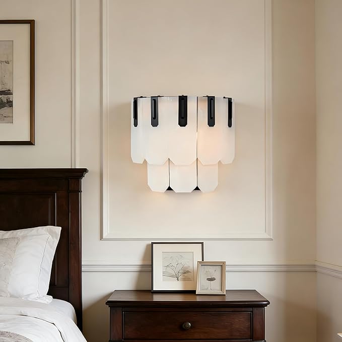 Modern Wall Sconce with Alabaster Shade - Piano Key Design Bathroom Vanity Light for Mirror, Bedroom, Hallway | Hardwired, E12 Bulb, Steel Frame (12" W)