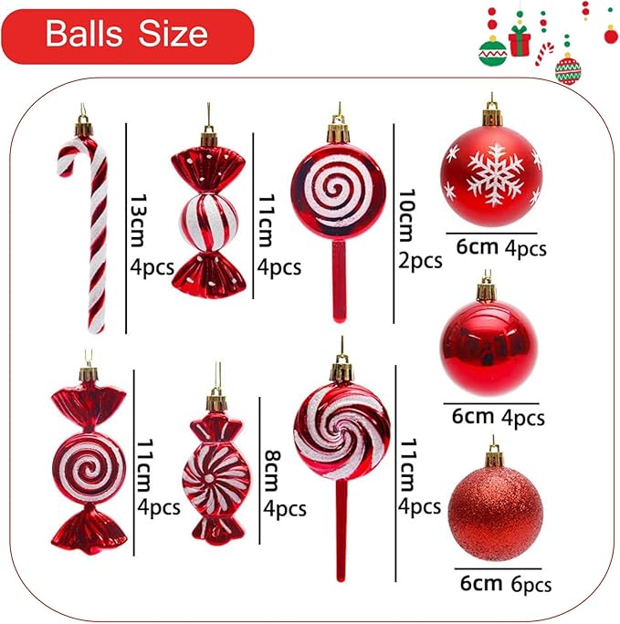 36 Pcs Christmas Ornaments, MOYEE Shatterproof Plastic Christmas Ornaments for Tree - Candy Cane Christmas Decorations Candies Christmas Ball Ornaments (Red)