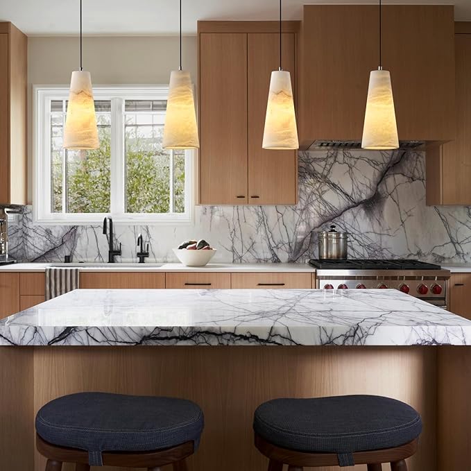 Alabaster Pendant Lights Kitchen Island,White Pendant Light Set of 2, Marble Shade Black Cone Lighting Fixtures for Bedroom Bathroom Dining Room Living Room H-10in (Bulbs INCL)