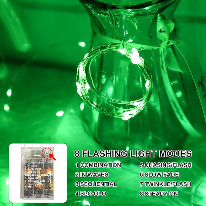 Green Fairy Lights Battery Operated (Included), 8 Modes & Auto Timer, 2 Packs 5m 50Led Mini Twinkle Silver Wire Firefly Starry Lights, Waterproof Battery Operated Lights for Mason Jars Bottle