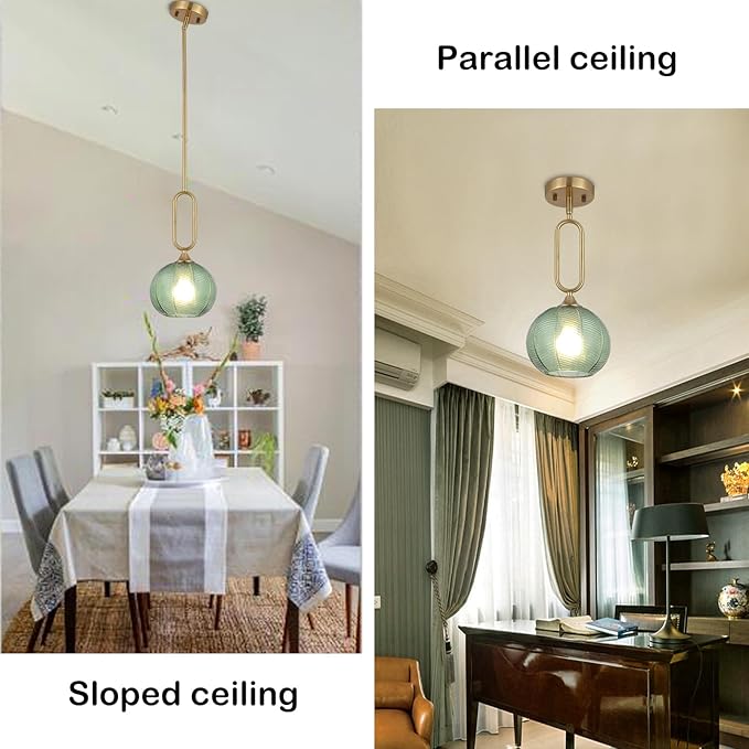 Green Glass Pendant Light Set of 2 Modern Globe Pendant Lighting Nordic Ribbed Gold Ceiling Hanging Chandelier with Brushed Brass Adjustable Rods Dining Room Kitchen Island Light Fixture