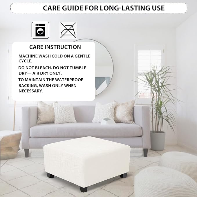 Square Ottoman Cover,Soft Stretch Jacquard Slipcover with Dual Waterproof Layers,Washable Furniture Protector for Pets,Medium,Beige