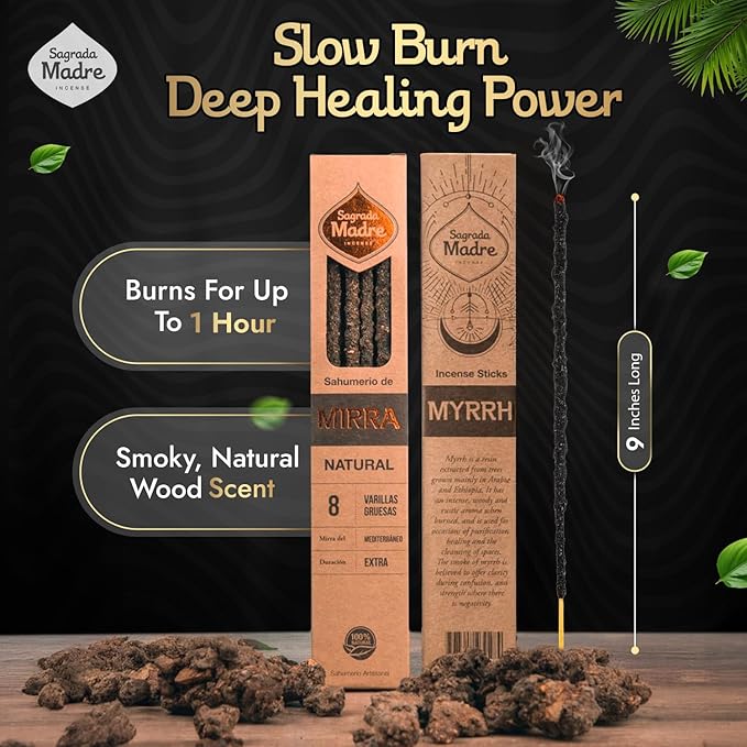 Sagrada Madre - 8 Natural Myrrh Incense Sticks, (9" Each) - Handmade with Myrrh Resin Organic, Natural Carbon & Salt for Purification, Healing & Space Cleansing Aromatherapy - 1 Hour Burn Time