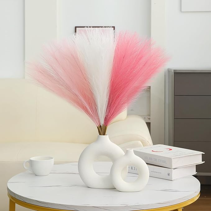 Faux Pampas Grass Decor 17.7 Inch 30pcs, Artificial Pampas Grass Fluffy Home Decor, Short Vase Room Decor pompous Grass Flower Arrangement for Boho Home Wedding Decoration (Blush,Cream,Pink)