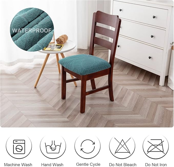 Genina Waterproof Seat Covers for Dining Room Chairs, Stretch Chair Covers Removable Washable Dinning Room Kitchen Chair Seat Cushion Slipcovers (Leaves-Peacock Blue, 4 PCS)