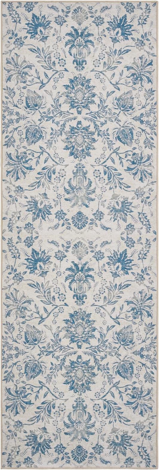 jinchan Torino Runner Rugs 3x10, Vintage-Inspired Floral Design Machine Washable Non-Slip Ultra-Thin Low-Pile Rubber Backing Traditional Rug for Kitchen Hallway Laundry Room Entryway Dark Blue
