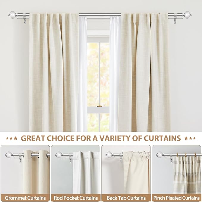 KAMANINA 1 Inch Silver Double Curtain Rods for Windows 66 to 120 Inches (5.5-10 Feet), Adjustable Heavy Duty Drapery Rod, Telescoping Dual Curtain Rod with Marble Ends