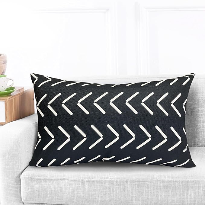 Decorative Throw Pillow Covers 12x20 inch Set of 4 Black White Pillow Covers for Couch Sofa Bed Living Room,Farmhouse Outdoor Throw Pillow Cover,Geometric Linen Square Throw Pillow Cases