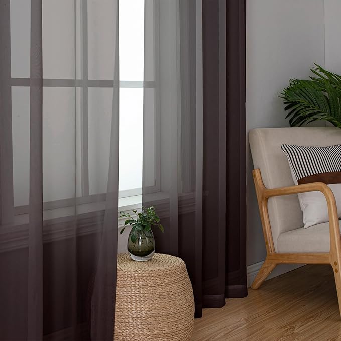 Lecloud Chocolate Sheer Curtains 72 Inches Long 2 Panels, Rod Pocket Voile Light Filtering Curtains for Door Window, Airy Sheer Drapes for Bedroom Living Room, Each Panel 42 X 72 Inch