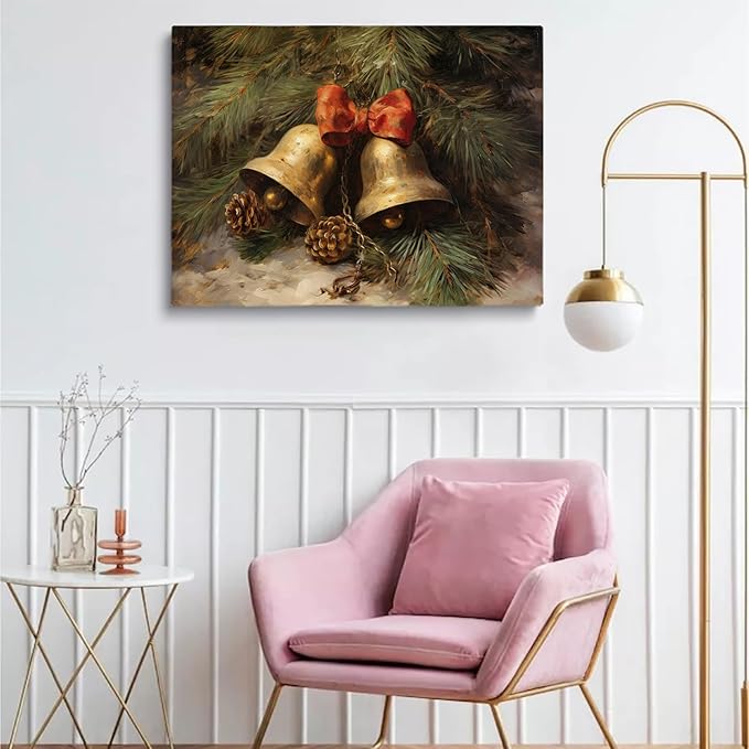 Rustic Christmas Jingle Bells Wall Art, Brass Bells Vintage Print, 16x24inch Framed Art for Home Fireplace Decor