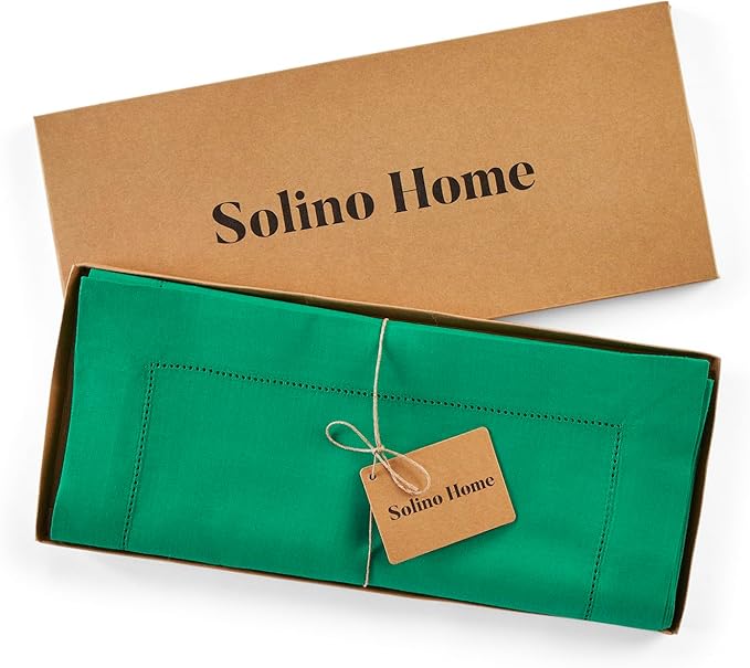 Solino Home Linen Hemstitch Table Runner 108 Inches Long - 100% Pure Linen Emerald Green Table Runner 14 x 108 Inch for St Patricks Day - Classic Hemstitch