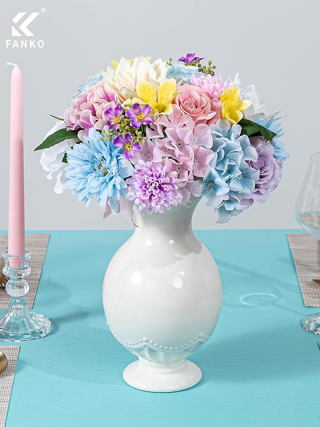 FANKO Artificial Flowers Mixed Fake Rose Combo, Pink Rose Light Blue & White Roses Blue Dahlia Assorted Blooms for DIY Wedding Bridal Bouquets/Centerpieces/Home Decor