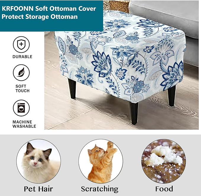 KRFOONN Stretch Ottoman Cover Slipcovers Rectangle Fit Length 39"-47" Footrest Stool Covers Printed Ottoman Cover for Foot Stool Furniture Protector with Non Slip Elastic Bottom, Color 25