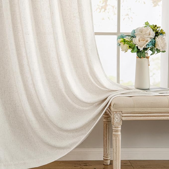 MIULEE Non-See-Through Privacy Linen Curtains 2 Panels, Light Filtering Window Curtains Farmhouse Textured Back Tab Semi Sheer Drapes for Bedroom Living Room, 52 x 84 Inches Long, Natural White
