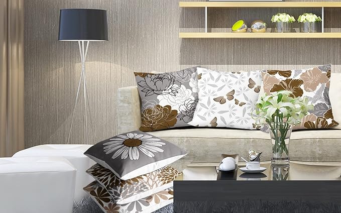 COMMINY Brown Grey Pillow Covers 20x20 Set of 6 Decorative Daisy Flower Throw Pillow Cover for Couch Modern Coffee Pillow Case for Patio Living Room Cushion Bed Farmhouse Home Decor